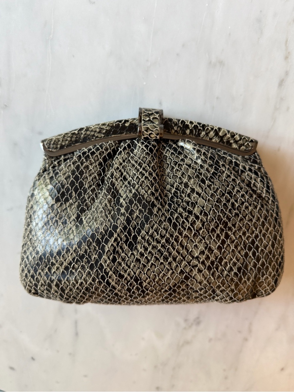 Vintage Leather Snake-Print Evening Clutch in Black and Gray